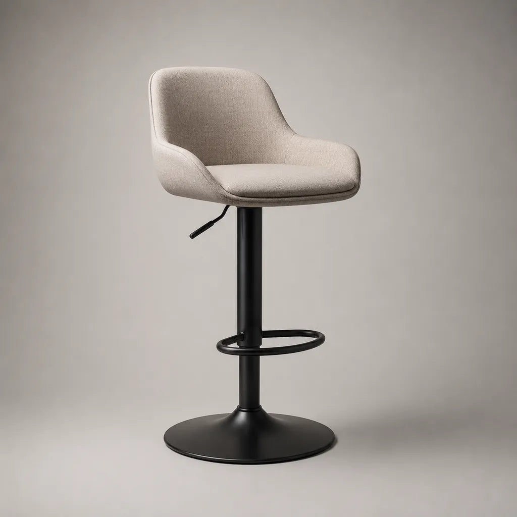 Tabouret de bar réglable et pivotant avec assise en polyester, pied en acier, beige et noir, 52 × 53 × 85–106 cm