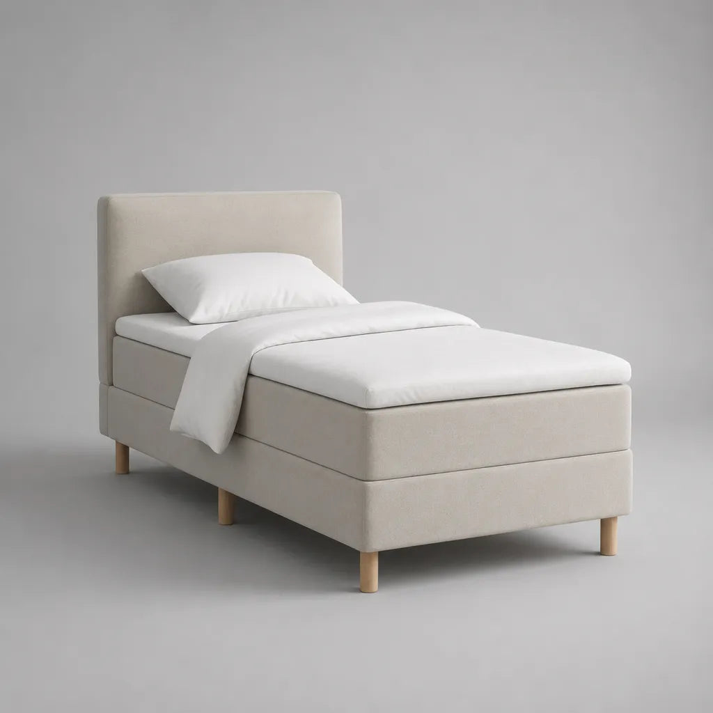 Ensemble lit simple rembourré en polyester beige 90 × 200 cm avec matelas et tête de lit rectangulaire