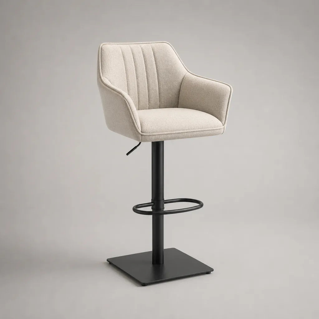Tabouret de bar réglable et pivotant en polyester beige et acier noir avec accoudoirs, 55 × 52 × 93-113 cm
