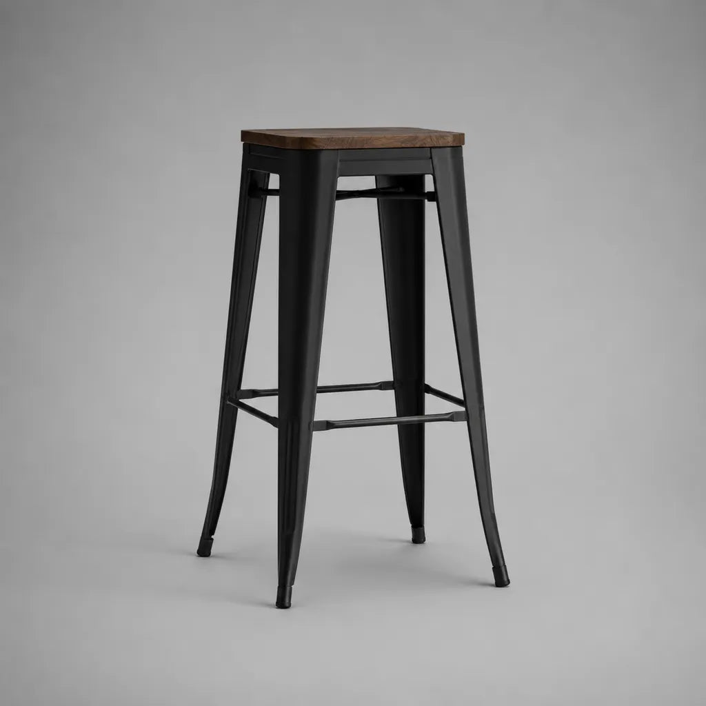 Tabouret de bar haut sans dossier en bois massif marron et acier noir, 43 x 43 x 76 cm