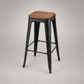 Tabouret de bar haut sans dossier en acier noir et bois massif brun, 43 × 43 × 76 cm