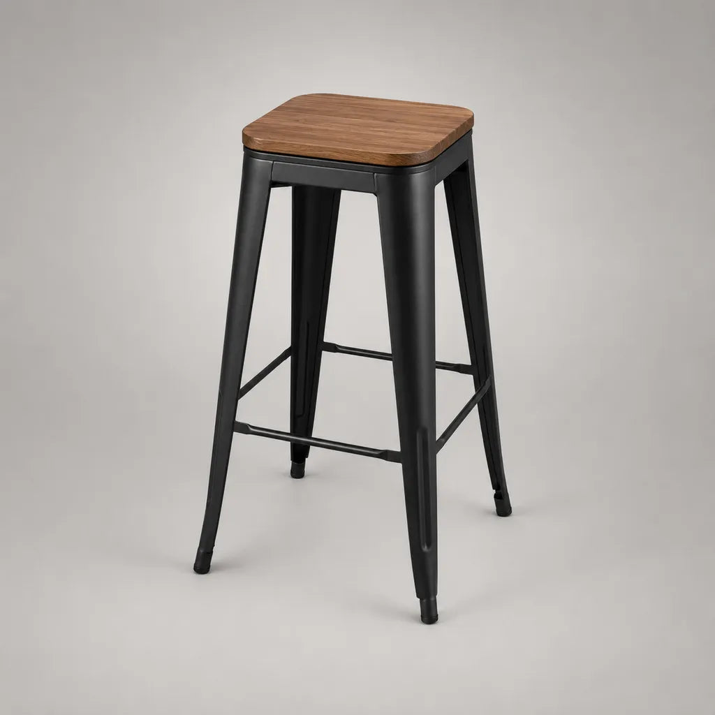 Tabouret de bar haut sans dossier en acier noir et bois massif brun, 43 × 43 × 76 cm