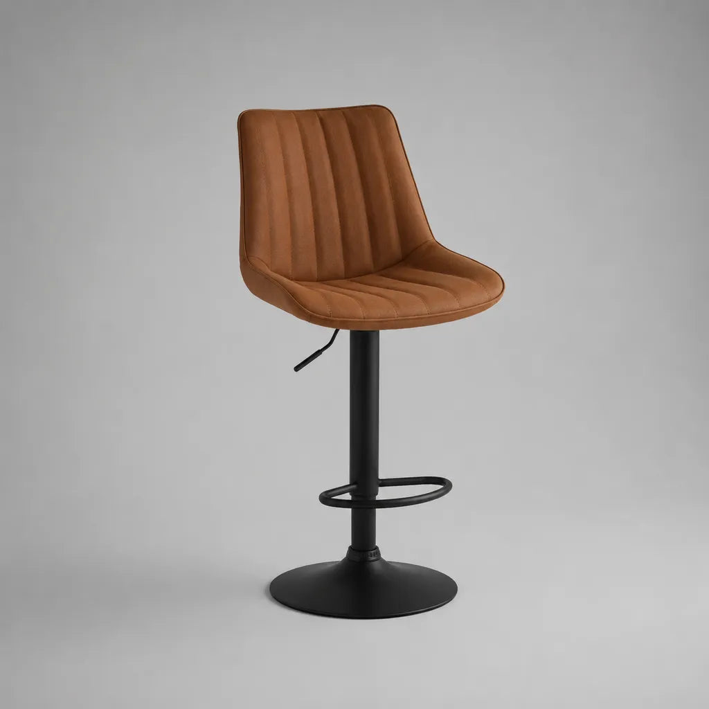 Tabouret de bar pivotant réglable en similicuir marron et métal noir, 49 × 52 × 86-107 cm