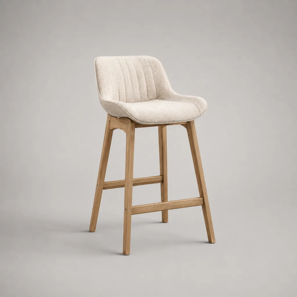 Tabouret de bar rembourré en polyester bouclé et bois massif, beige et naturel, 56 × 58 × 100 cm