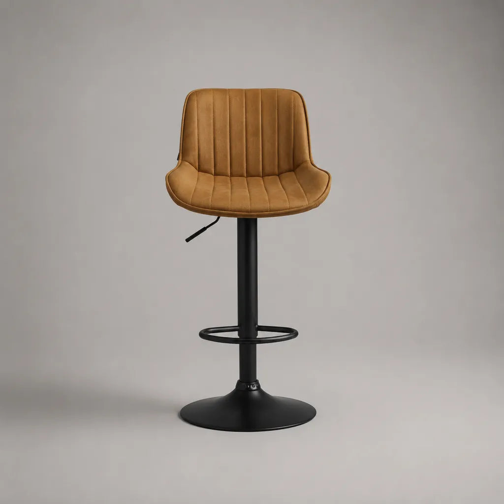 Tabouret de bar réglable et pivotant en microfibre polyester marron camel et acier noir, 51 × 52 × 88-109 cm