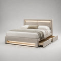 Lit double 160 x 200 cm rembourré en polyester beige, dimensions 218 x 176 x 120 cm, 4 tiroirs et éclairage LED