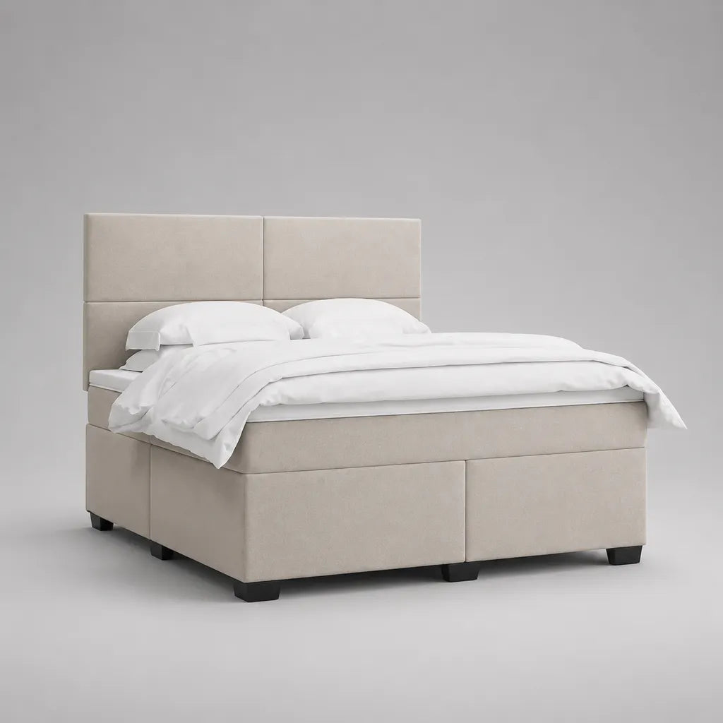 Lit boxspring double en bois et tissu beige avec pieds noirs, matelas à ressorts ensachés et tête de lit, couchage 160 x 200 cm