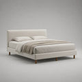 Lit double rembourré en polyester beige et marron clair avec tête de lit et sommier à lattes, 218 × 171 × 105 cm, couchage 160 × 200 cm