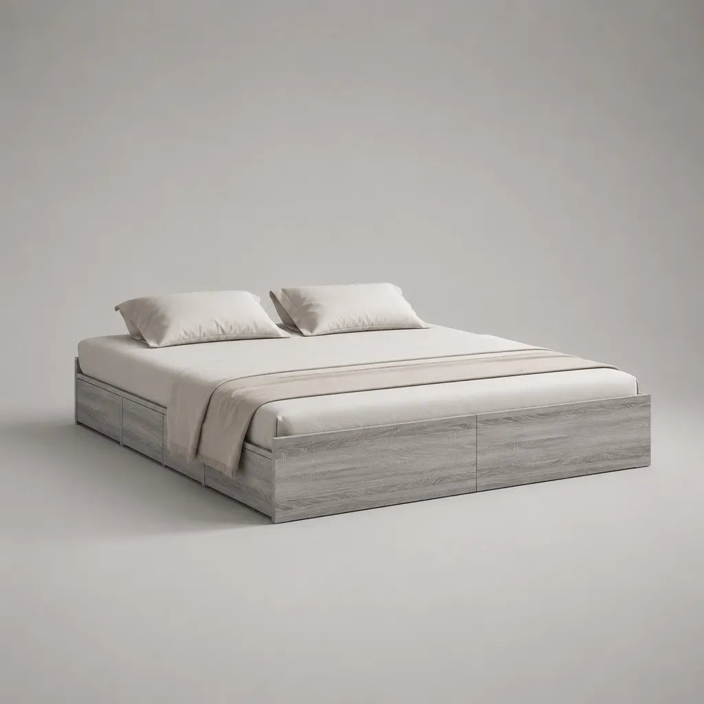 Lit plateforme 160 x 200 cm en bois avec 6 tiroirs, chêne gris, 206 x 166 x 40 cm